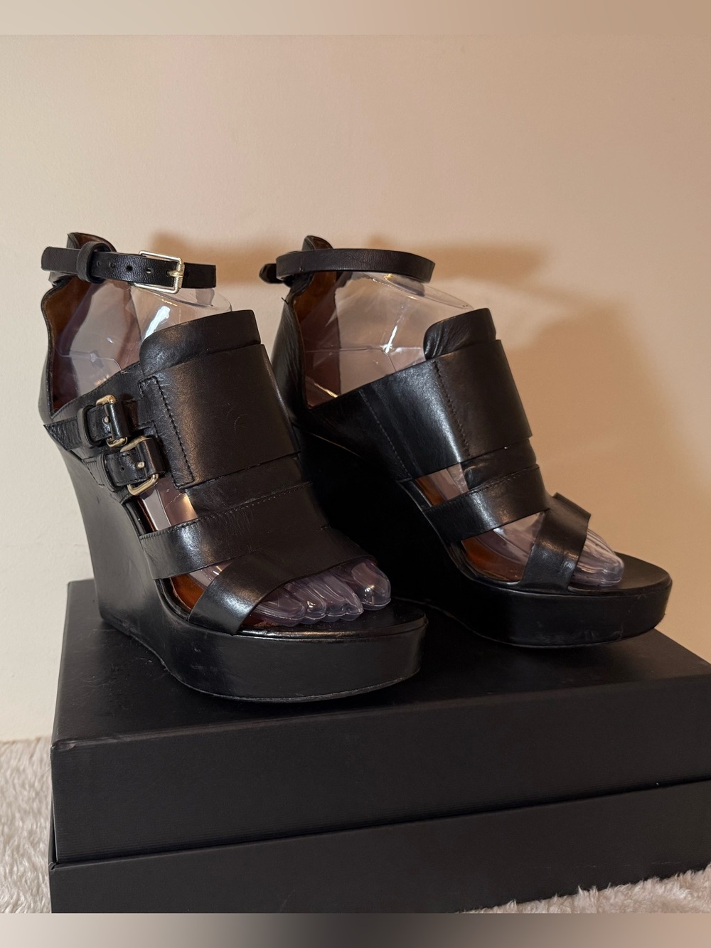 Givenchy Black Leather Strappy Wedge Sandals